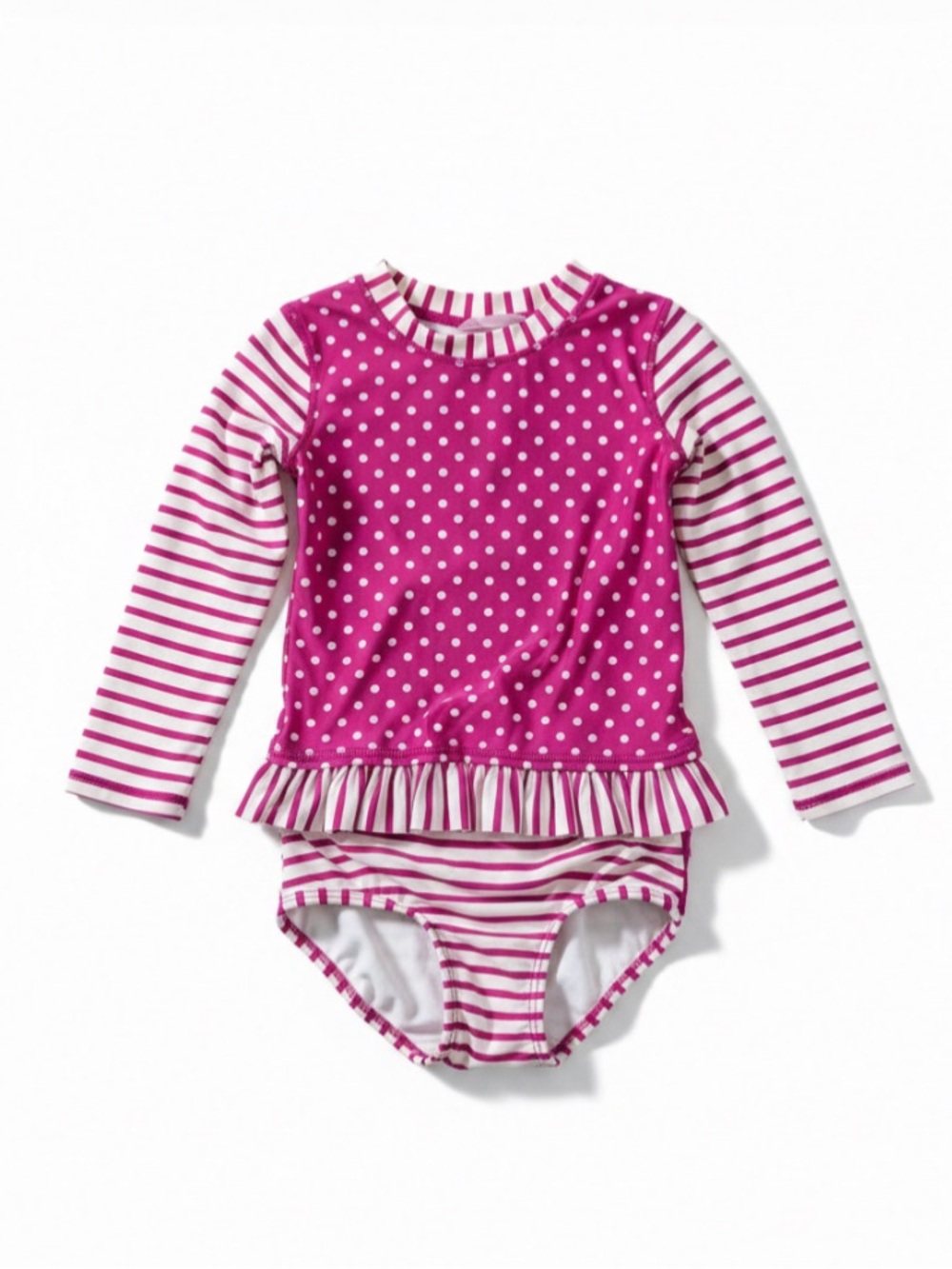 Ruffle Butts Pink and White Polka Dot & Stripe Long Sleeve Swimsuit